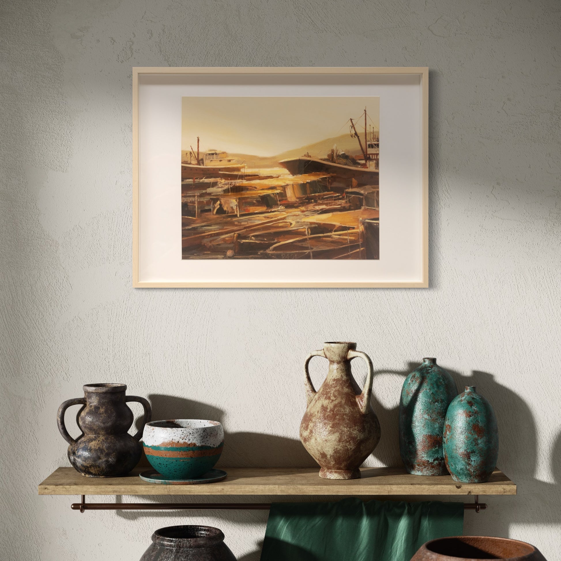 Limited edition art print titled 'Swinging,' depicting fishing boats gently swaying in a serene harbour scene.