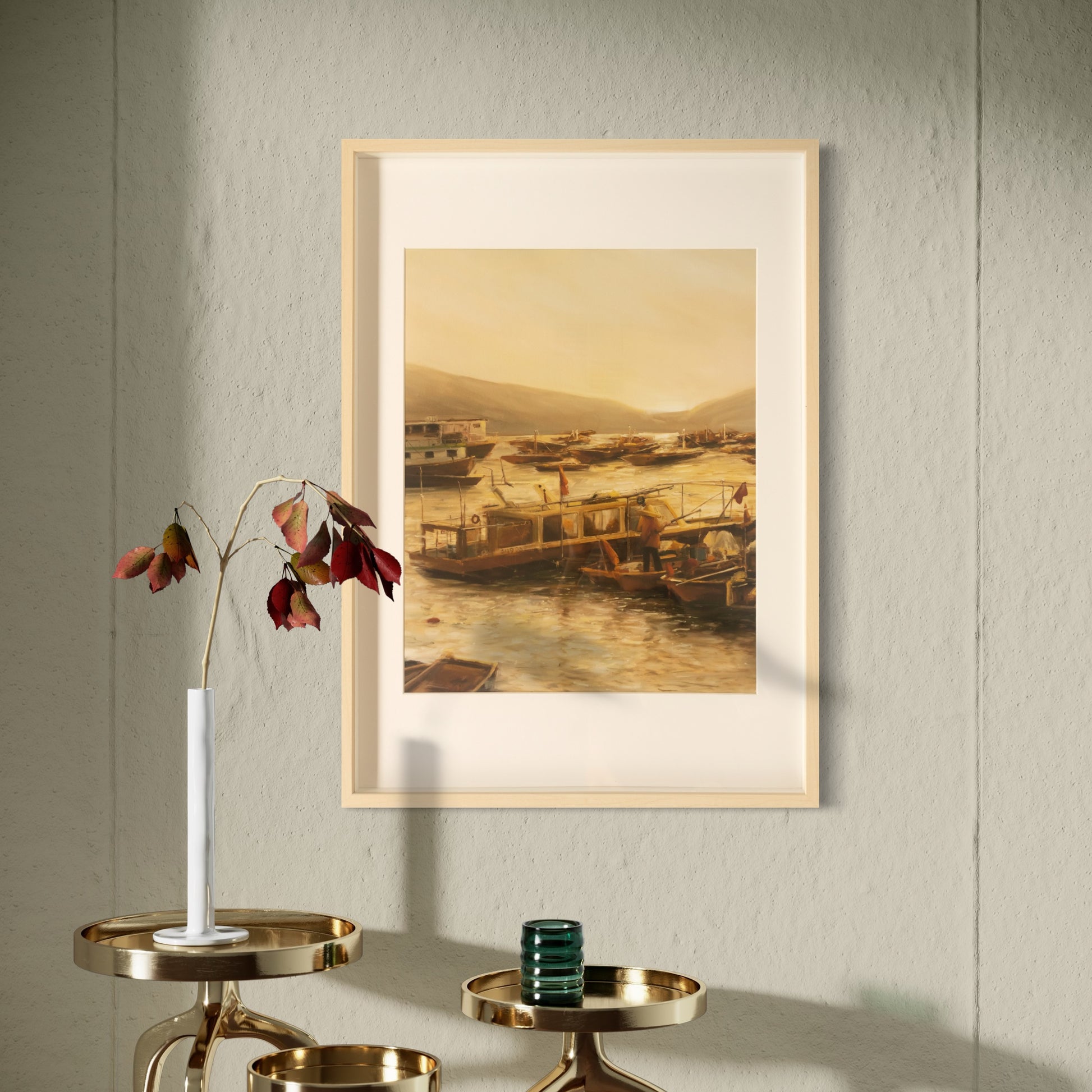 Limited edition art print titled 'Ocean Wanderers' featuring a serene seascape at dawn with fishing boats and a lone fisherman against a golden sunrise.