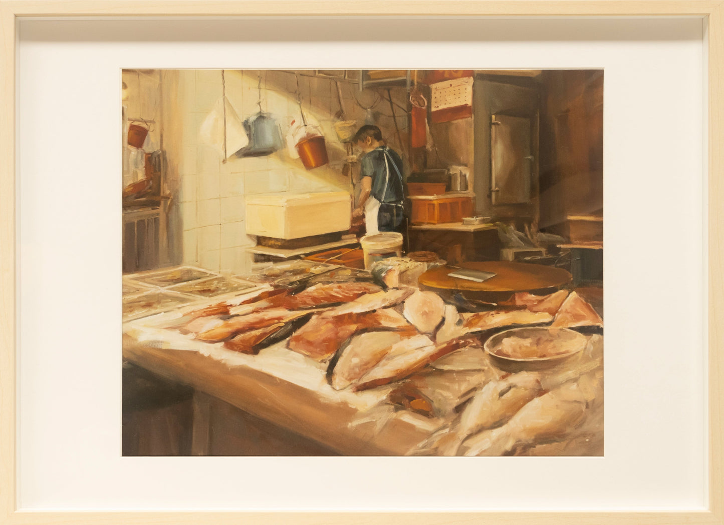 Limited edition art print titled 'Silver of Flesh' depicting the back of a fishmonger working at his stall, surrounded by an array of glistening frozen fish.