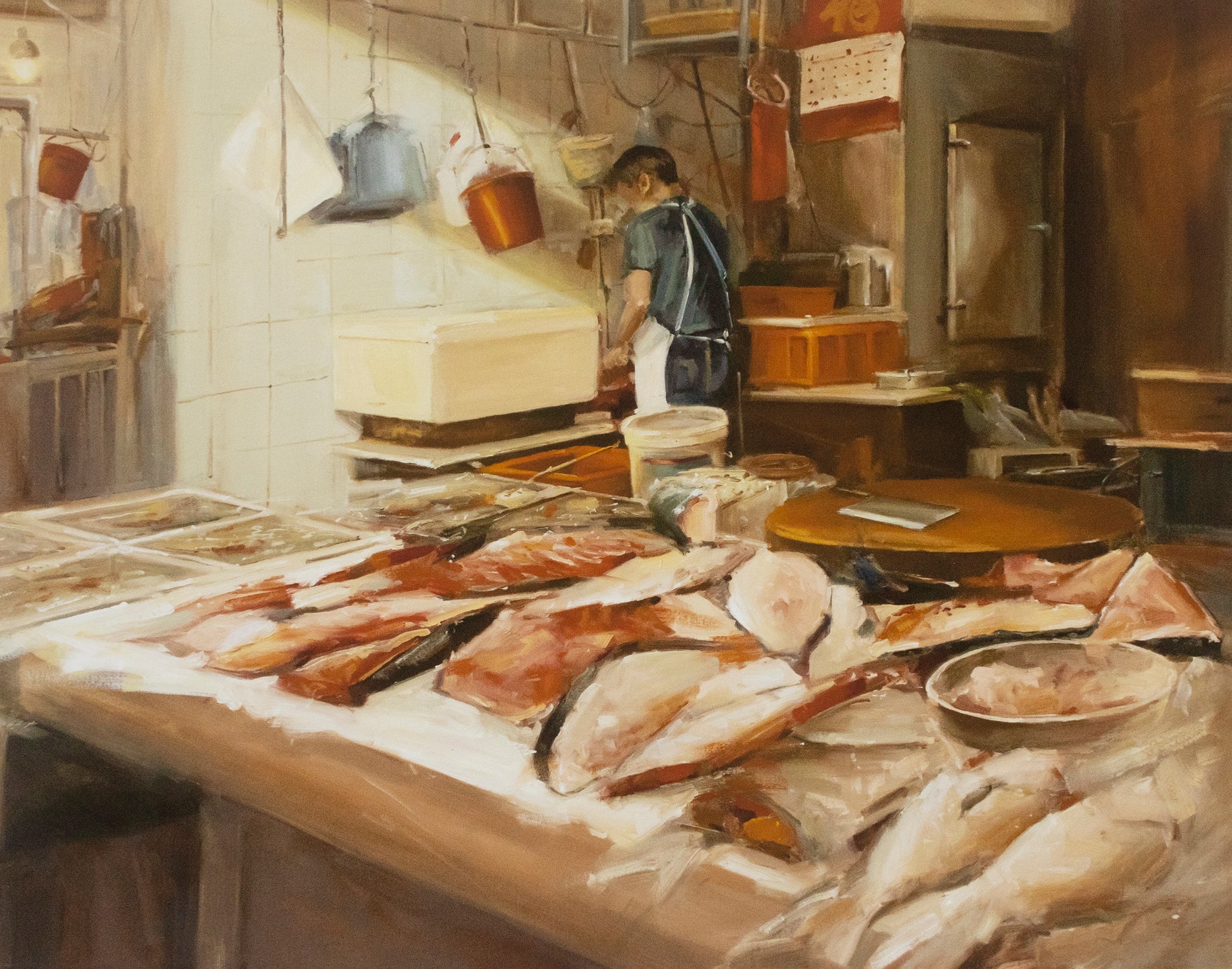 Limited edition art print titled 'Silver of Flesh' depicting the back of a fishmonger working at his stall, surrounded by an array of glistening frozen fish.