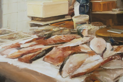 Close up of the limited edition art print titled 'Silver of Flesh' depicting the back of a fishmonger working at his stall, surrounded by an array of glistening frozen fish.