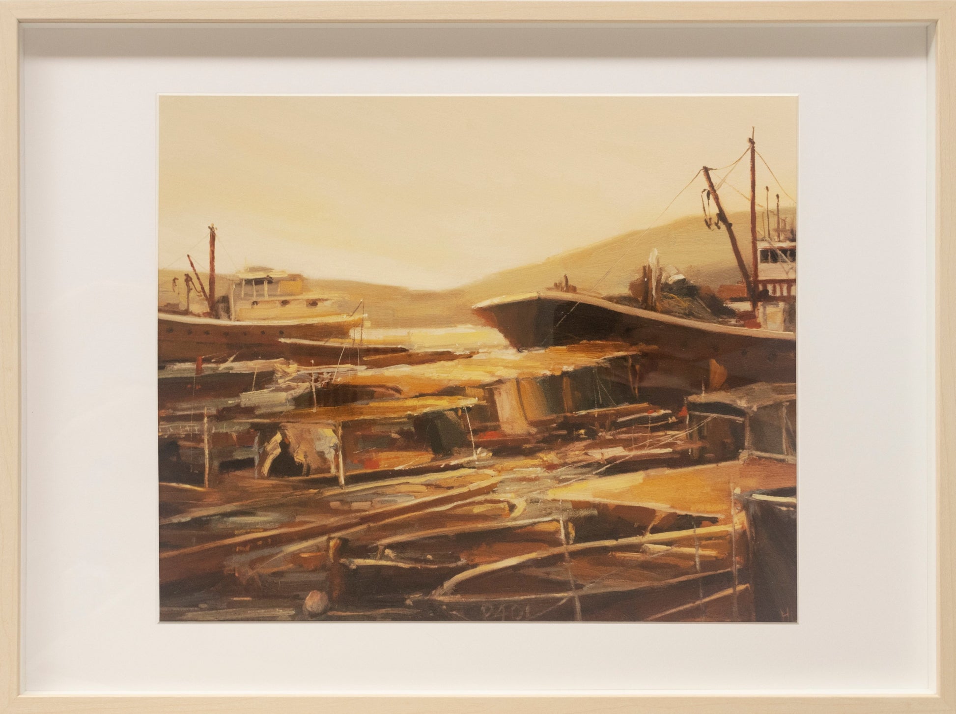 Limited edition art print titled 'Swinging,' depicting fishing boats gently swaying in a serene harbour scene.